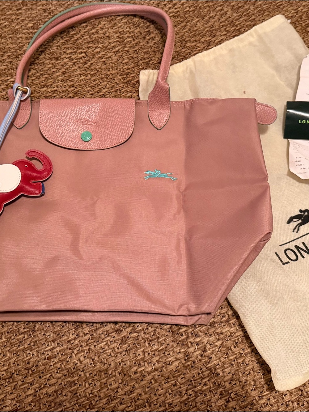 Longchamp pink nylon Le Pliage tote with turquoise logo